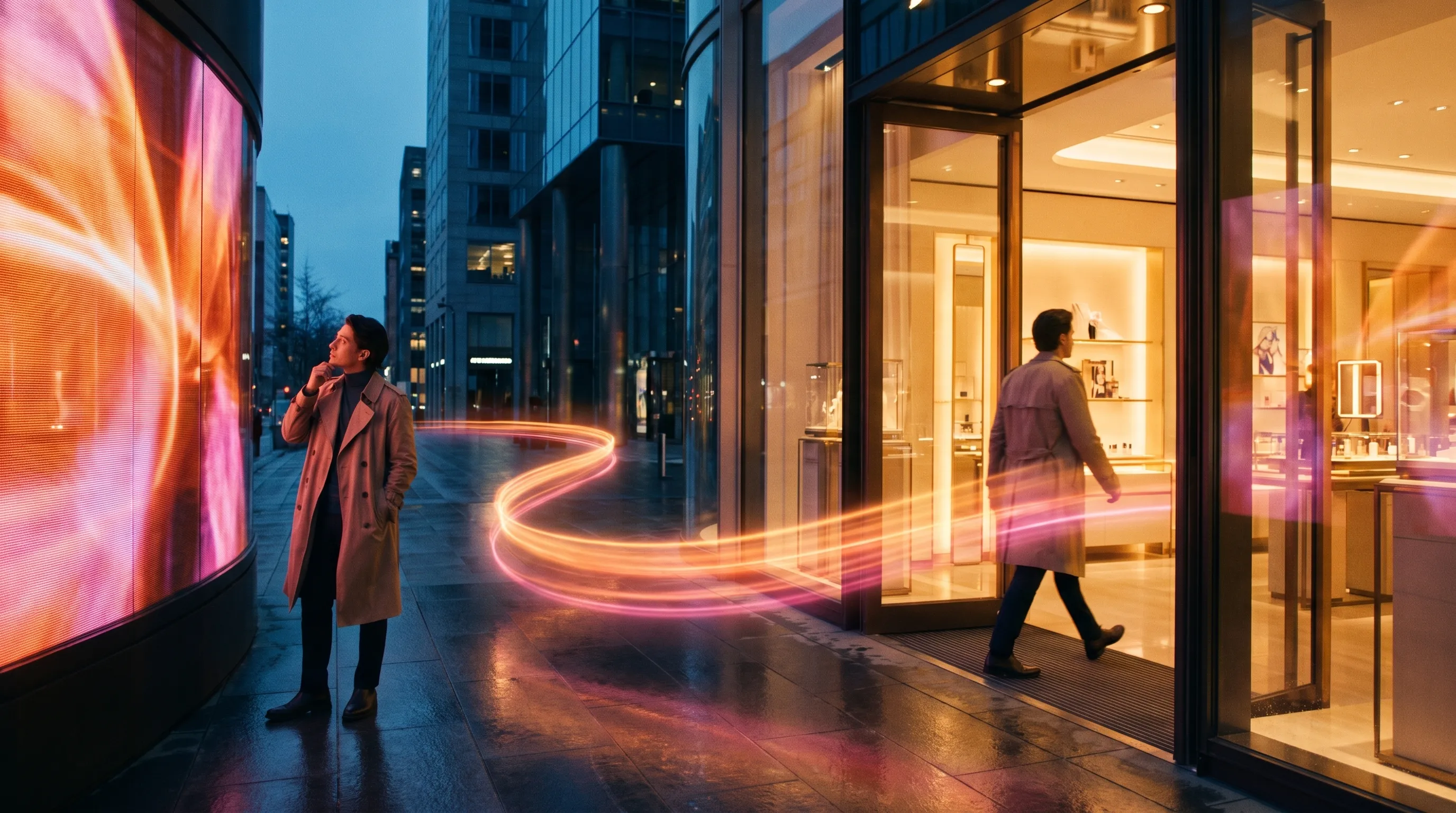 A person transitioning into a lit storefront, the moment of arrival