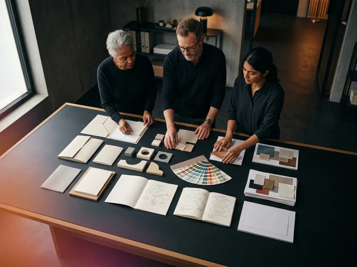 Three professionals developing a brand system around a studio table.