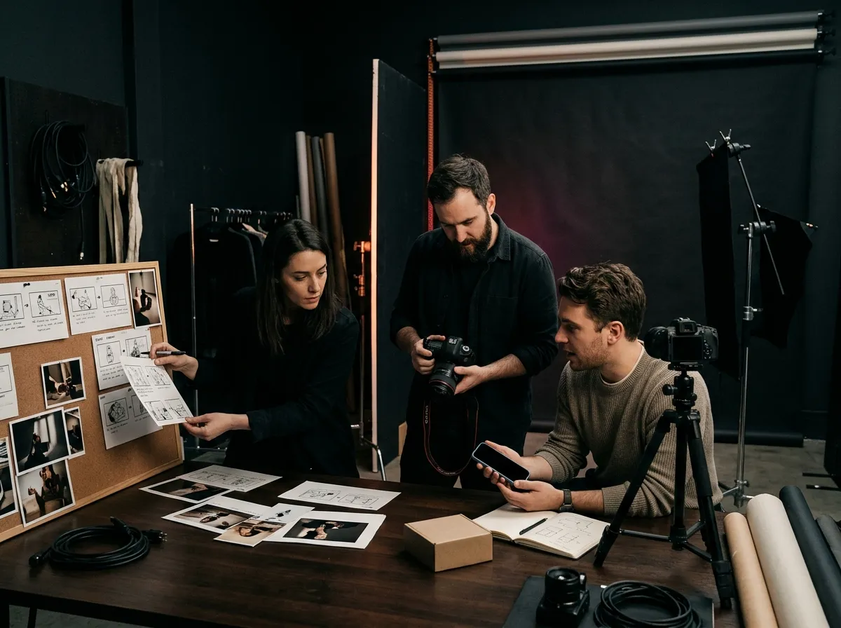 A production team reviewing campaign concepts in a photo studio.