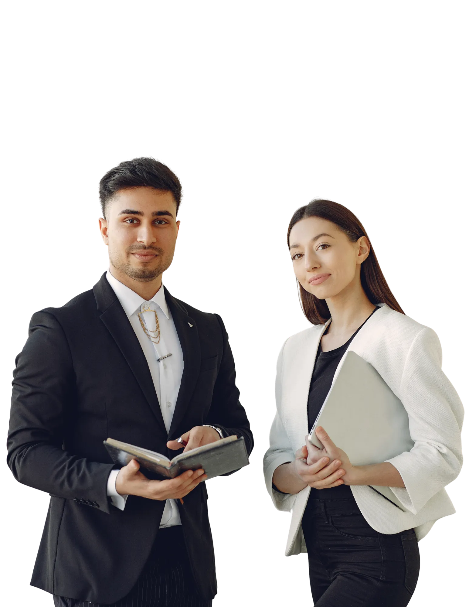 Two advisors standing together, one holding a notebook and one a laptop.