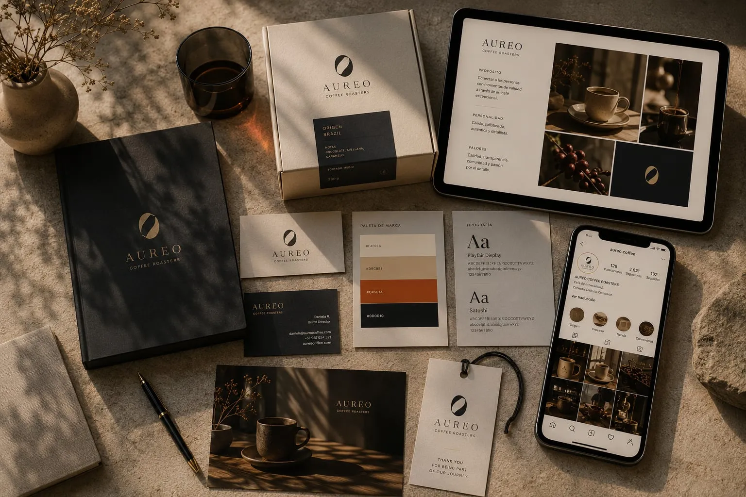 A coffee roaster's brand identity laid out across its box, business cards, a brand-guide tablet and a phone.