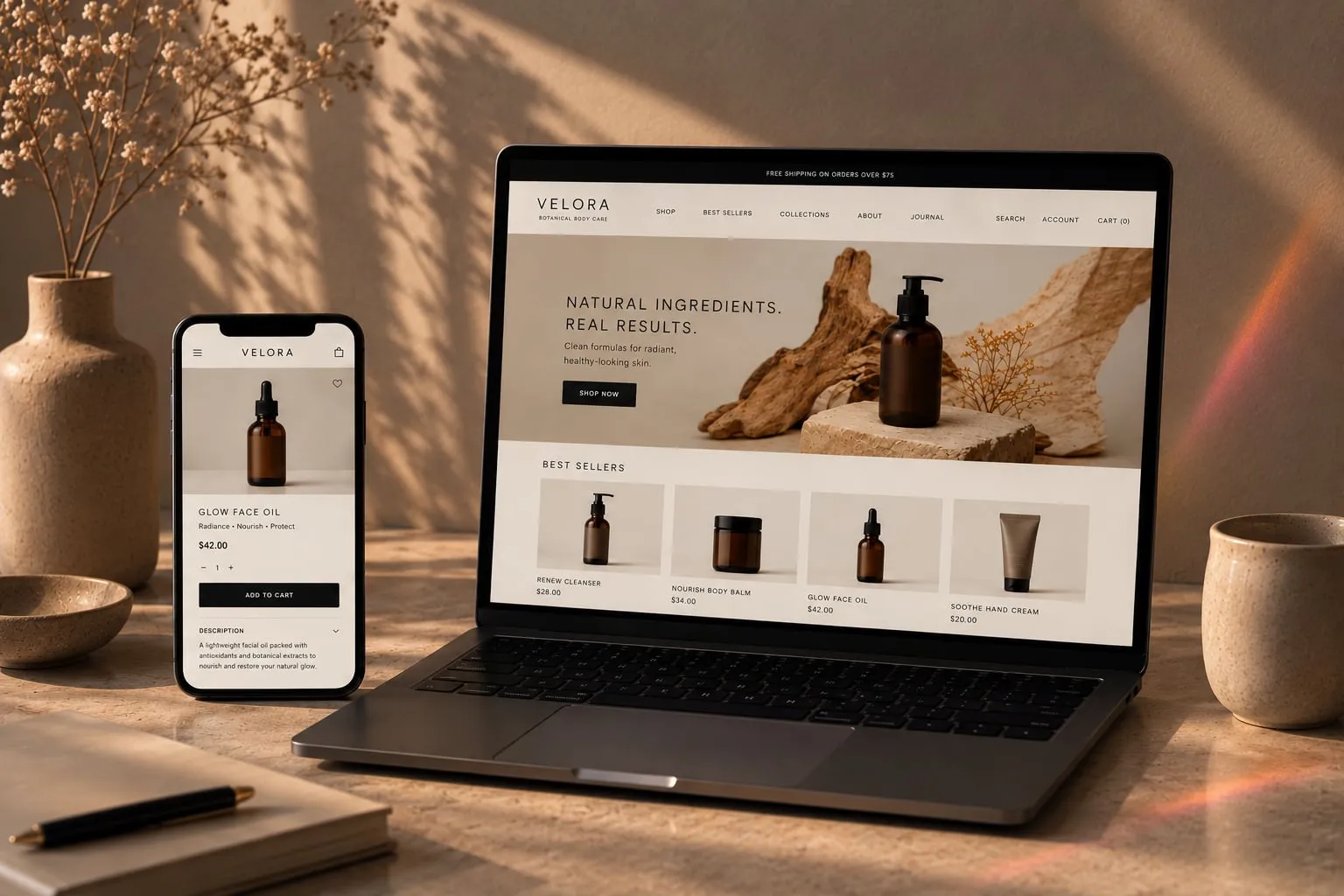 A botanical body-care storefront open on a laptop beside its product page on a phone.