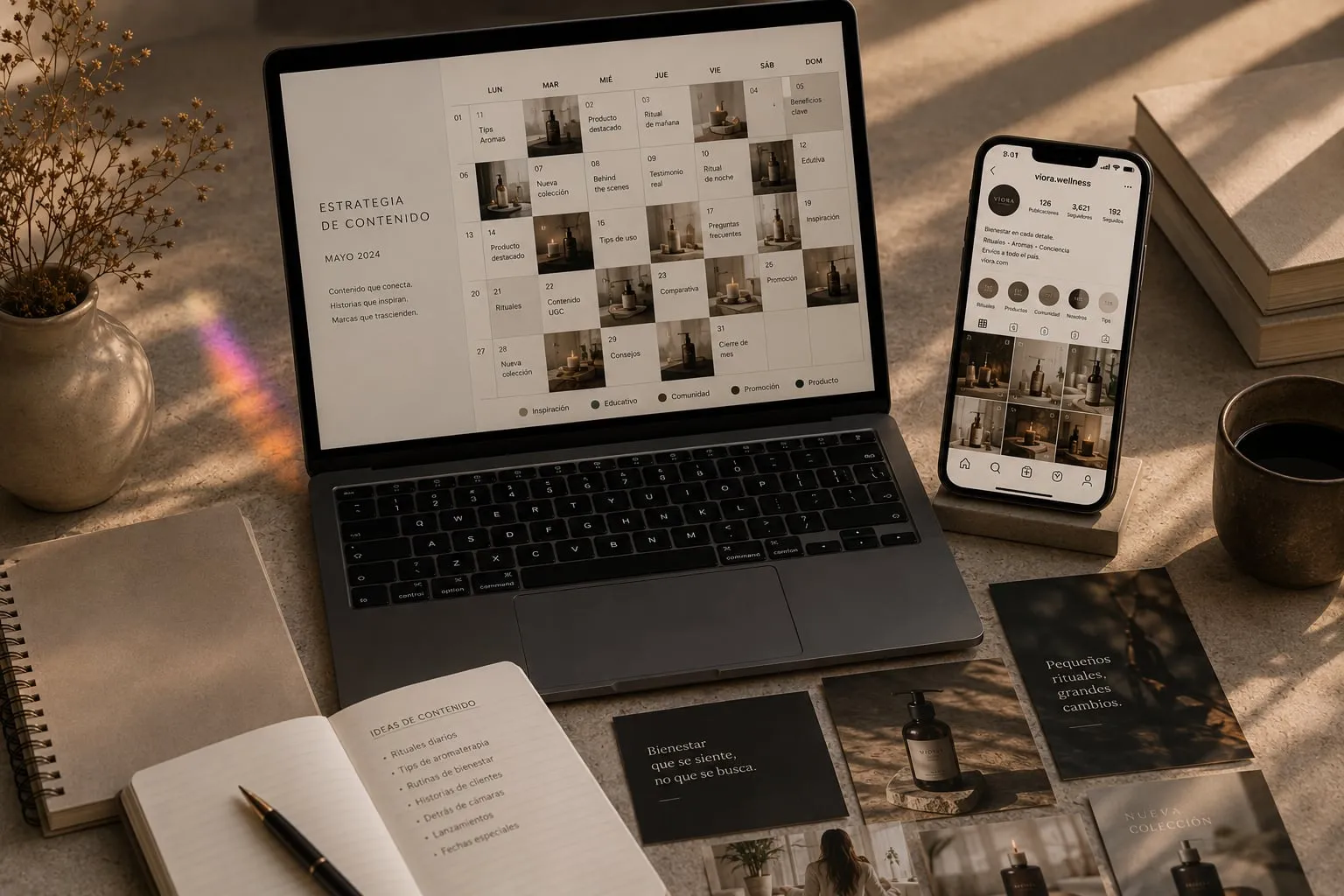 A month of social posts planned across a calendar on a laptop, beside the feed they fill on a phone.