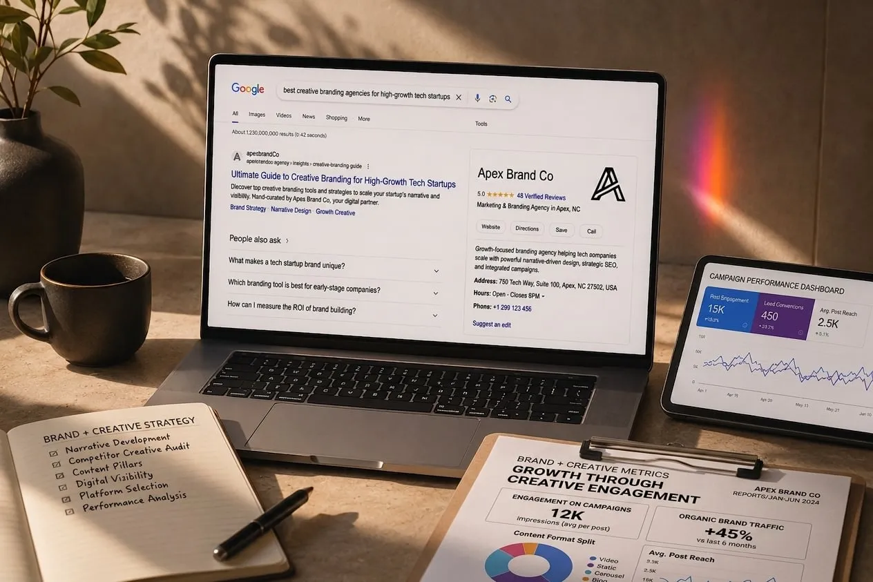 A branding agency's search result and business panel open on a laptop, beside its campaign dashboard on a tablet.