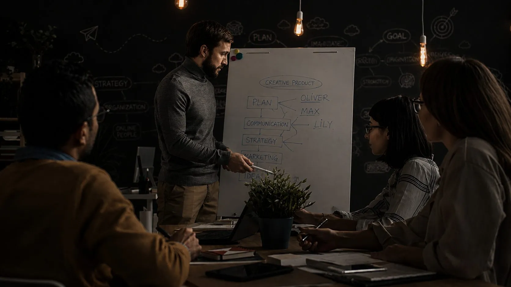 A team planning strategy around a whiteboard in front of a chalkboard covered with plans, arrows and the word GOAL.